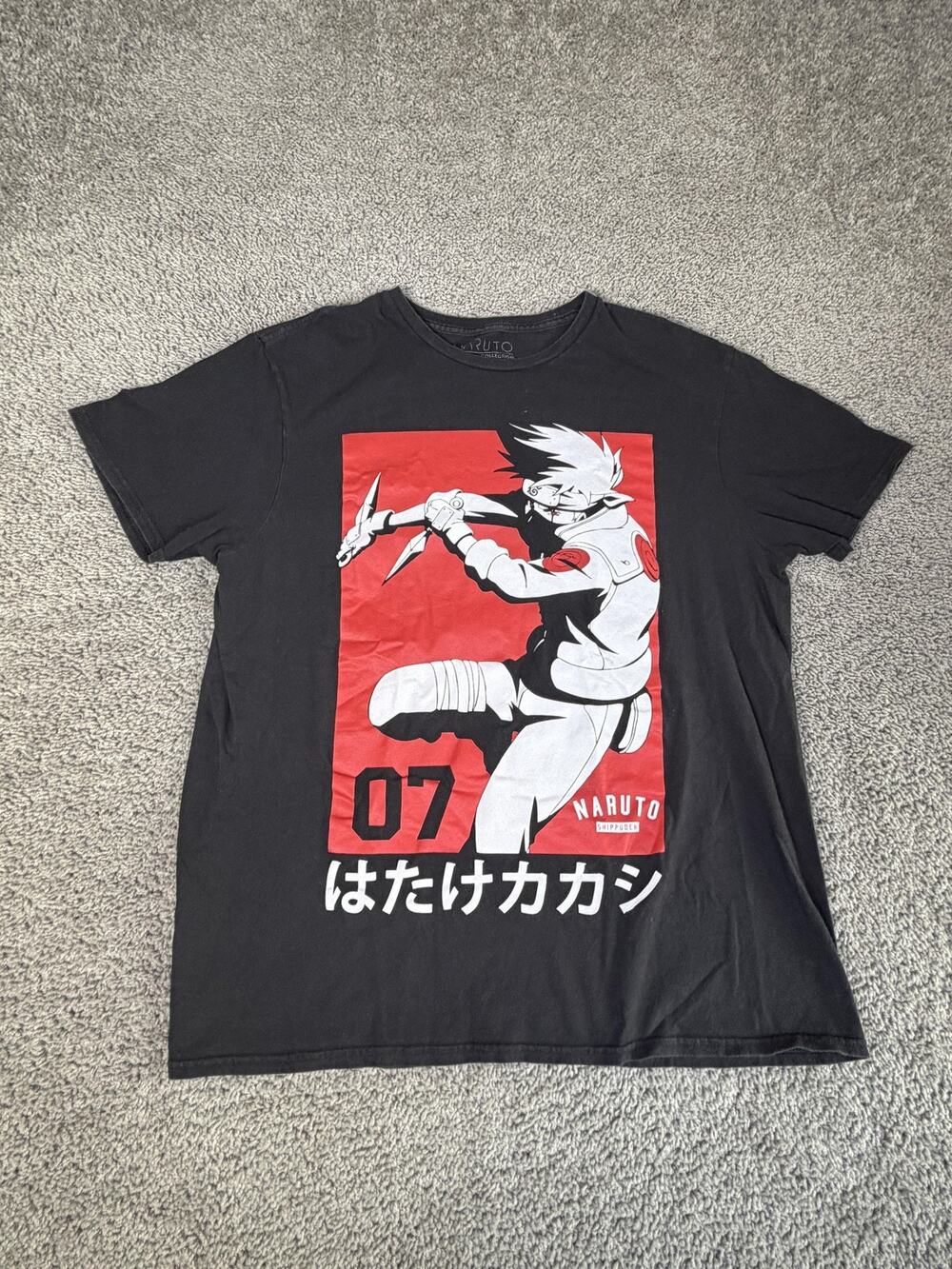Naruto Shippuden Shirt Mens L Black Kakashi Graphic Crew Neck Cotton Tee Tagless